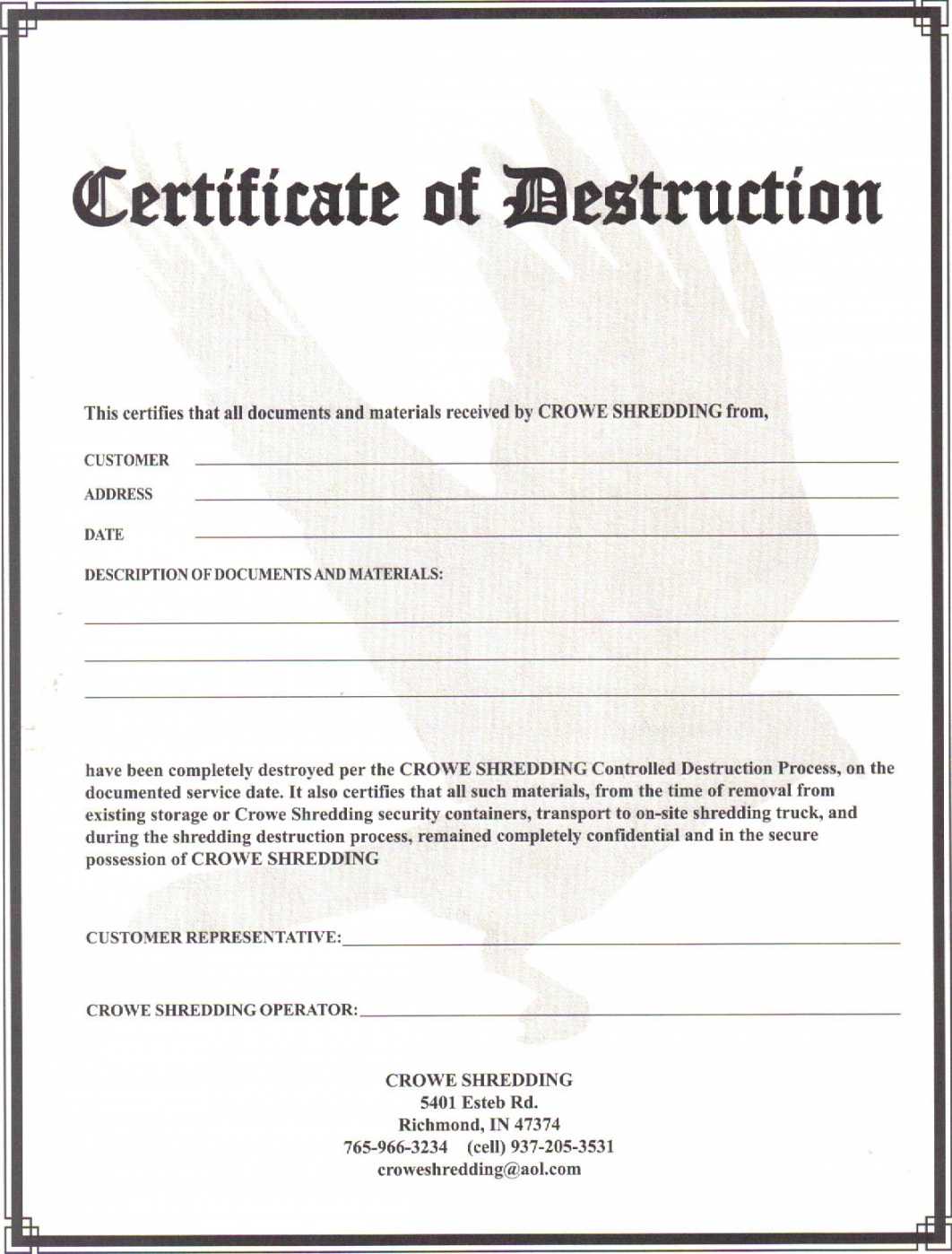 004 Certificate Of Destruction Template Free Form In Destruction Certificate Template