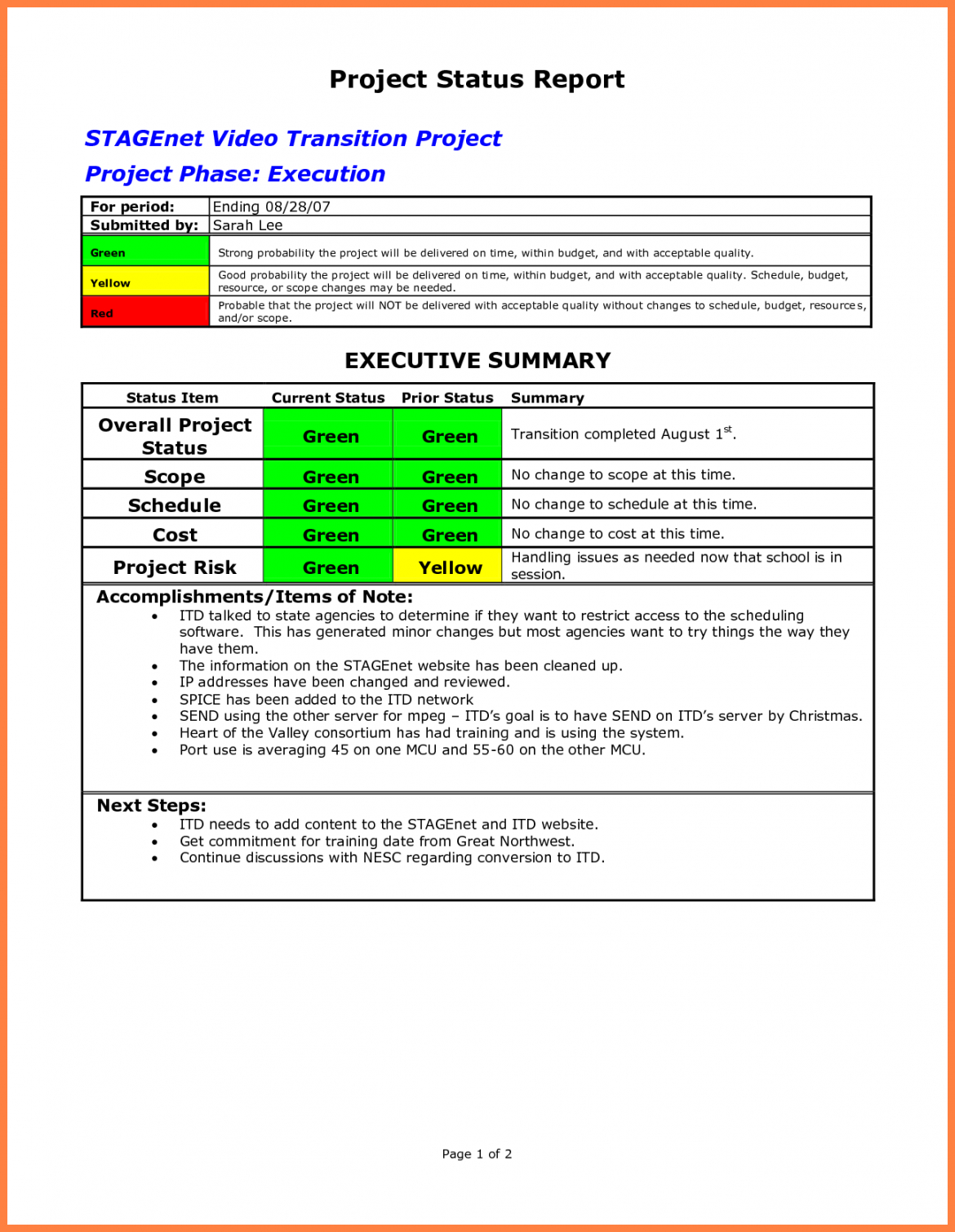 004 Project Management Report Template Excel And Status Intended For Executive Summary Project Status Report Template