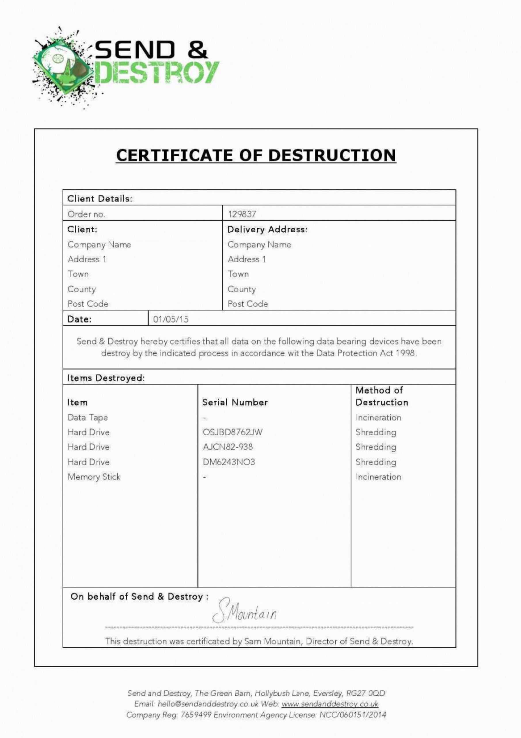 026 Certificate Of Destruction Template Word Ideal Sample Inside Certificate Of Destruction Template