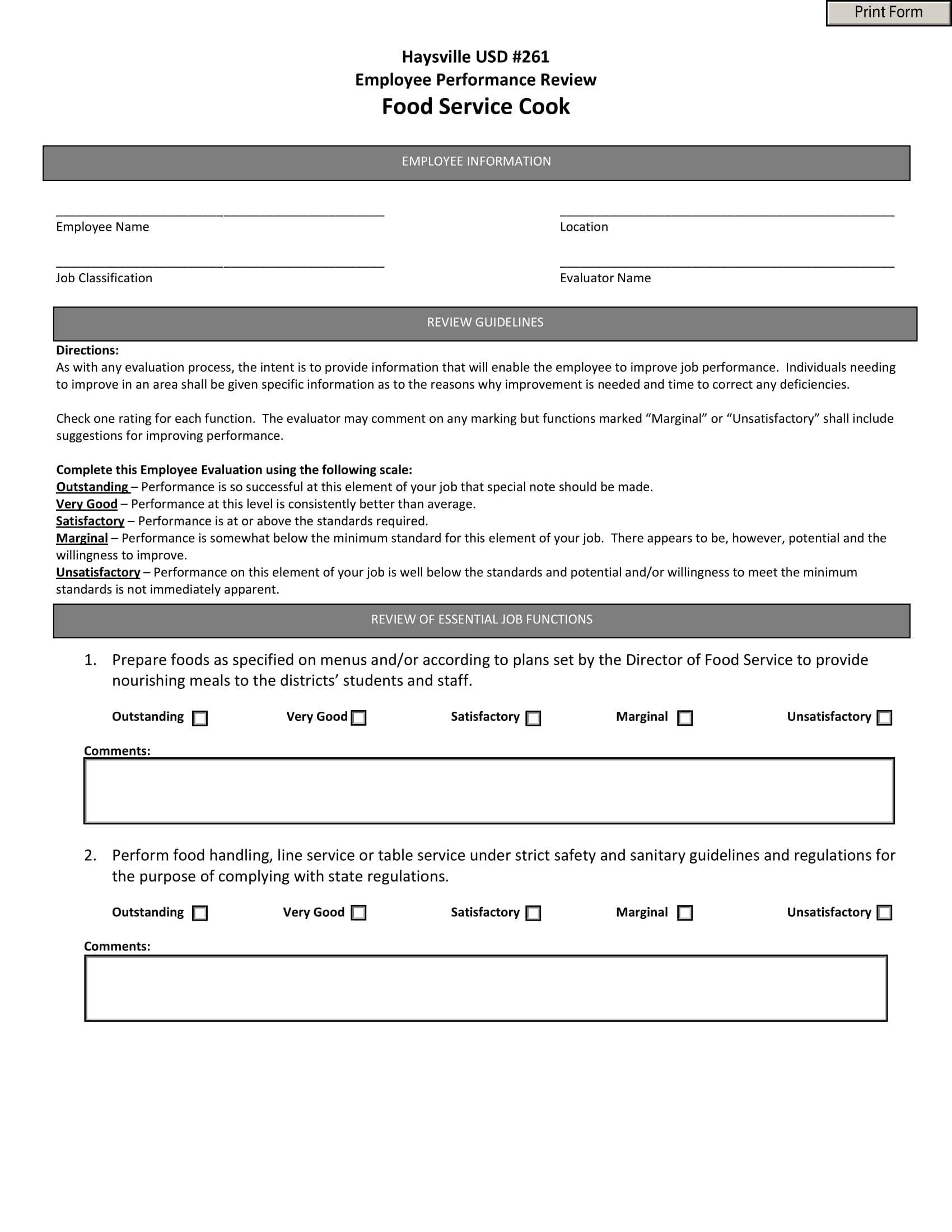 030 Food Service Cook Performance Evaluation Form Template Throughout Word Employee Suggestion Form Template