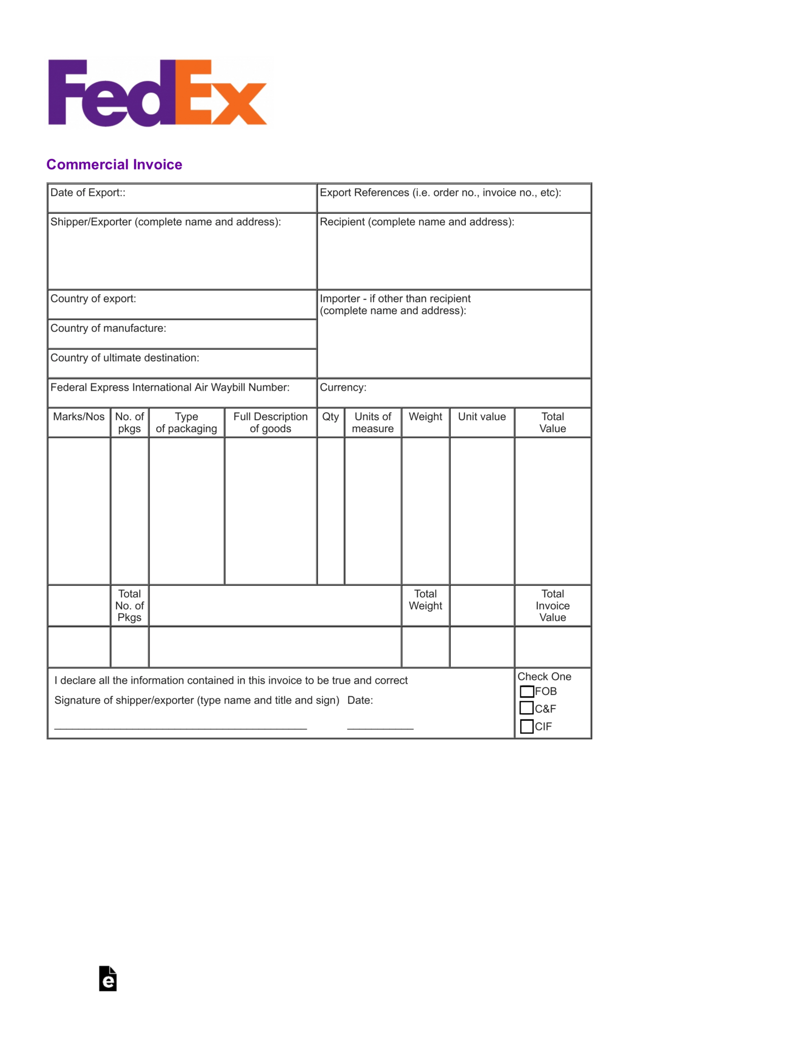 commercial invoice for customs purposes only template