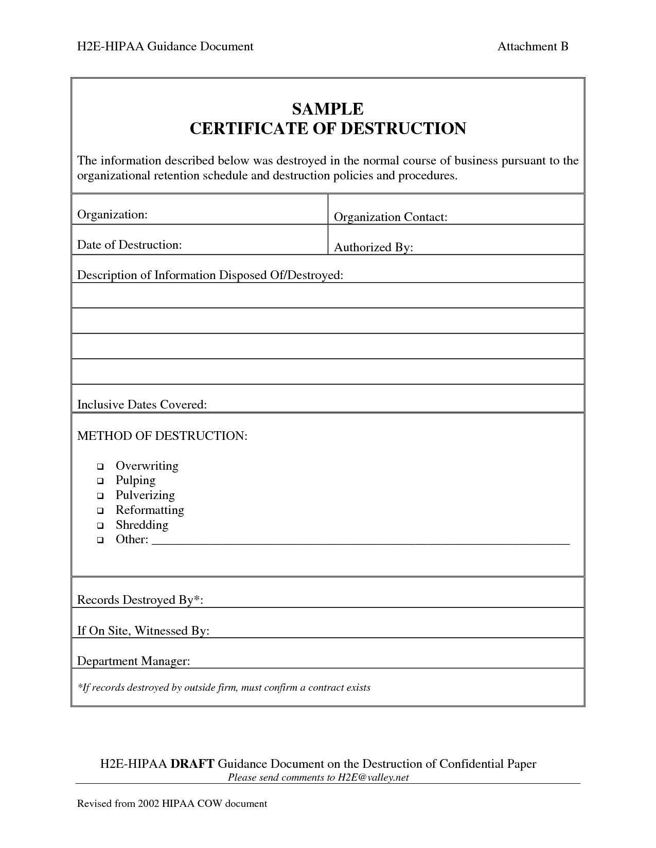 036 Samplete Of Destruction Confidential Info Perfect Pertaining To Hard Drive Destruction Certificate Template