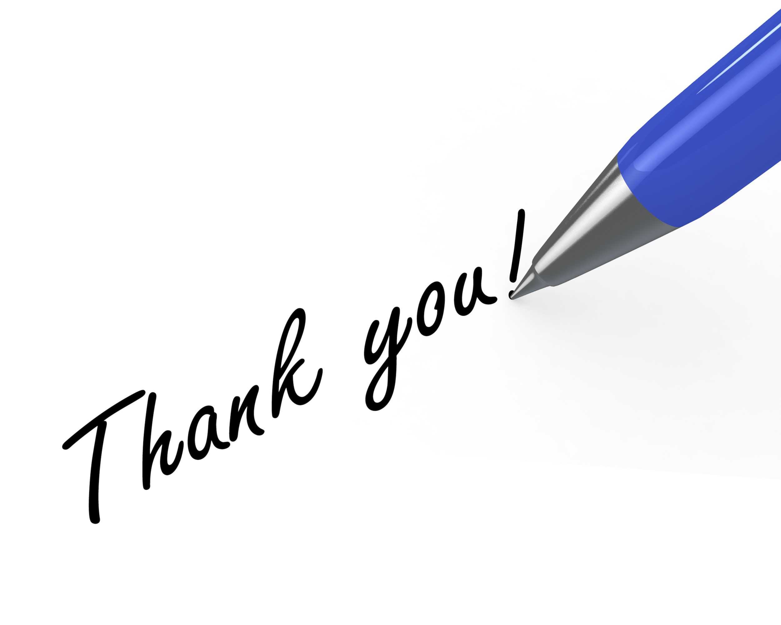 0914 Thank You Note With Blue Pen On White Background Stock Throughout Powerpoint Thank You Card Template