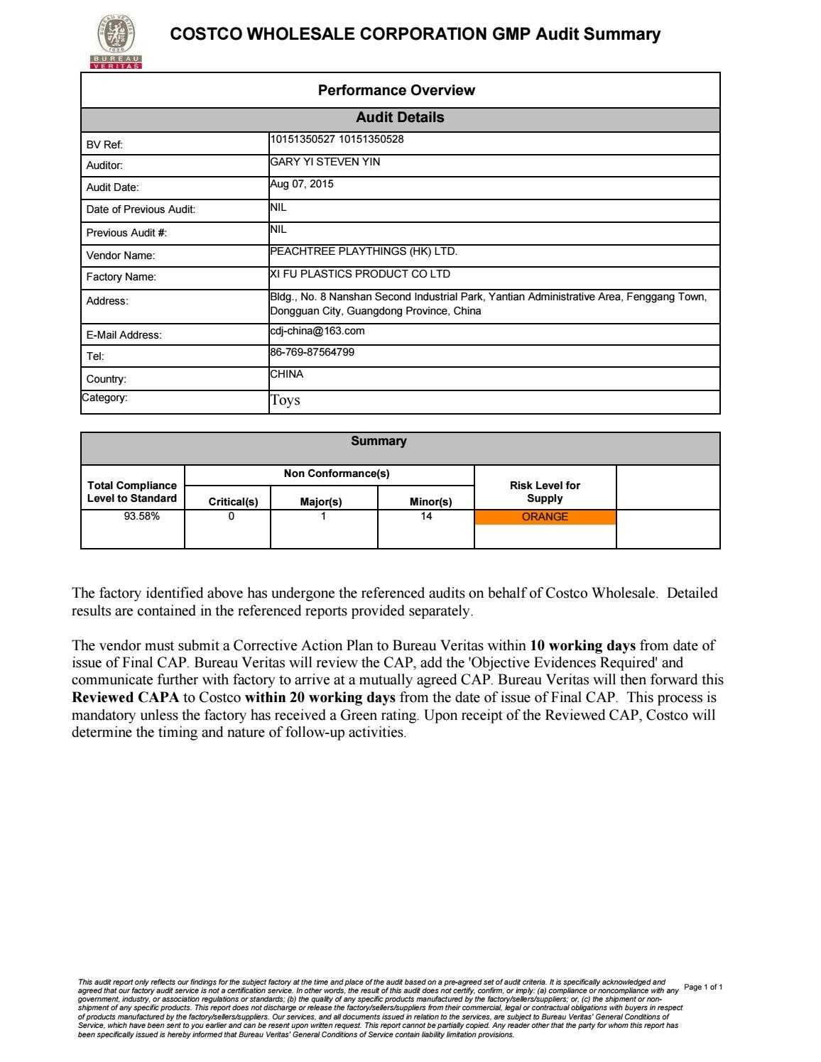 10151350527 & 10151350528 Costco Gmp Reports Xifu (Aug 07 Throughout Gmp Audit Report Template