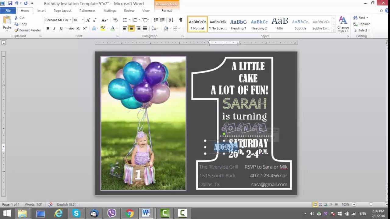 1St Birthday Invitation Template For Ms Word Throughout Microsoft Word Birthday Card Template