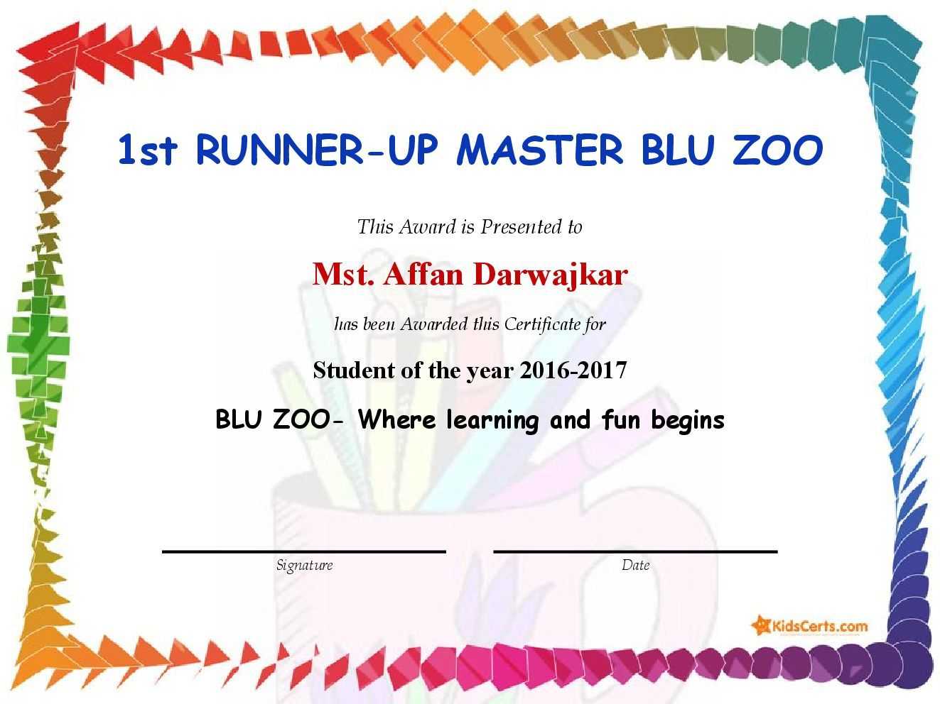 1St Runner Up Master Blu Zoo – Student Of The Year 2016 2017 Within Student Of The Year Award Certificate Templates