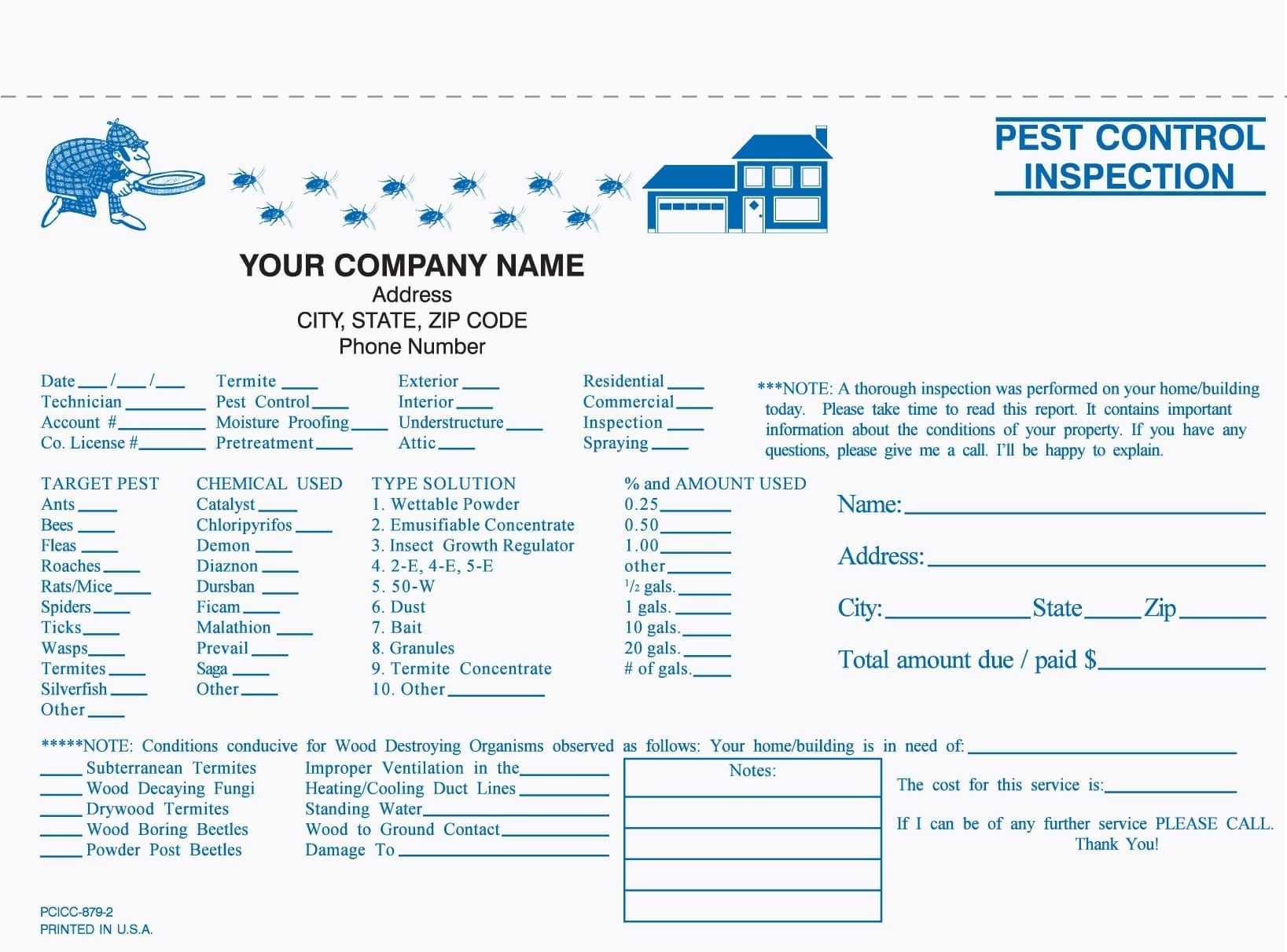 2 Part Pest Control Inspection Form, Carbonless | Pest Inside Pest Control Report Template