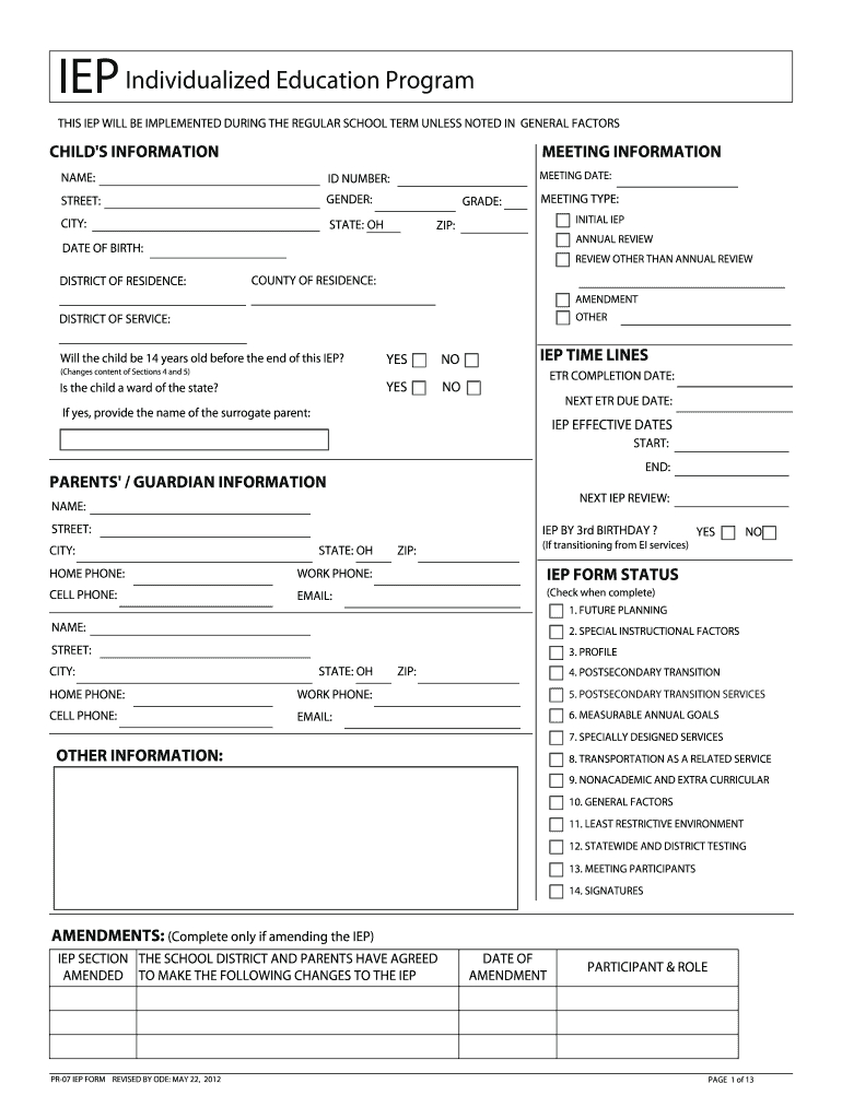 2012 2019 Form Oh Pr 07 Iep Fill Online, Printable, Fillable Intended For Blank Iep Template