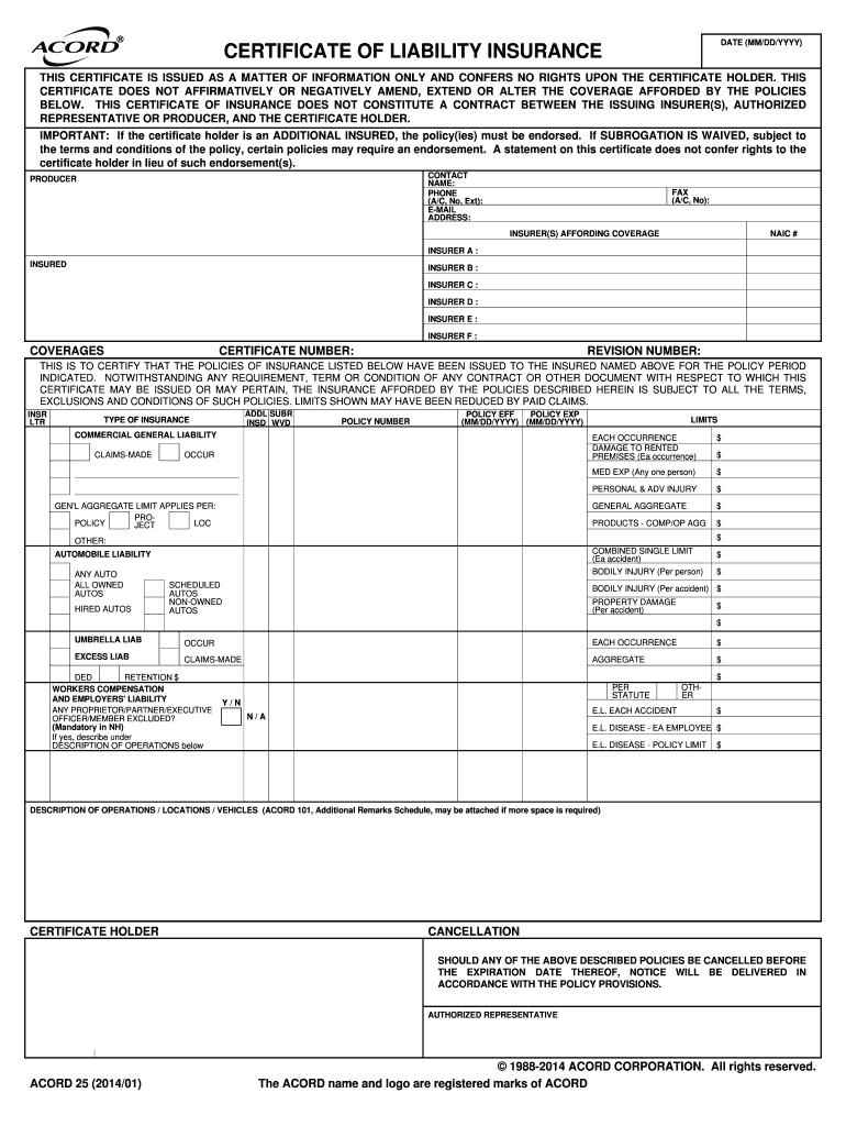 2014 2019 Form Acord 25 Fill Online, Printable, Fillable Throughout Acord Insurance Certificate Template