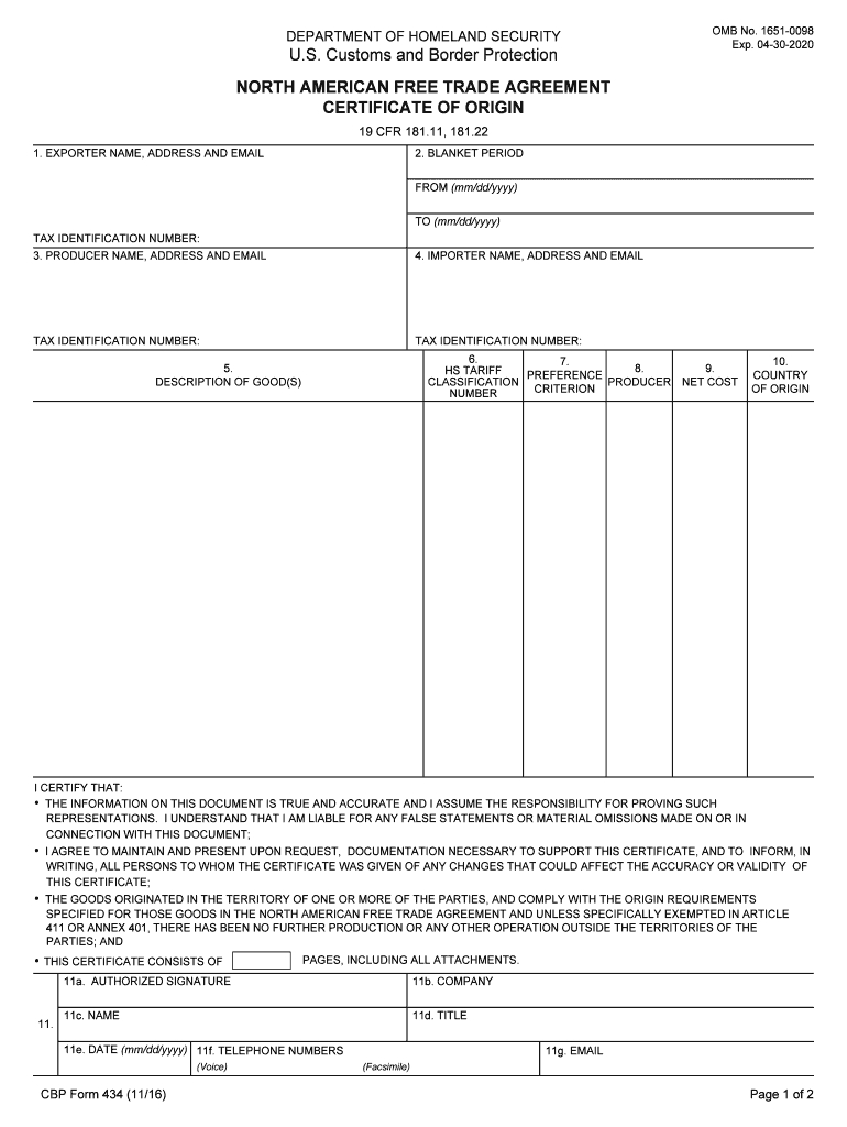 2016 2019 Form Cbp 434 Fill Online, Printable, Fillable Within Nafta Certificate Template