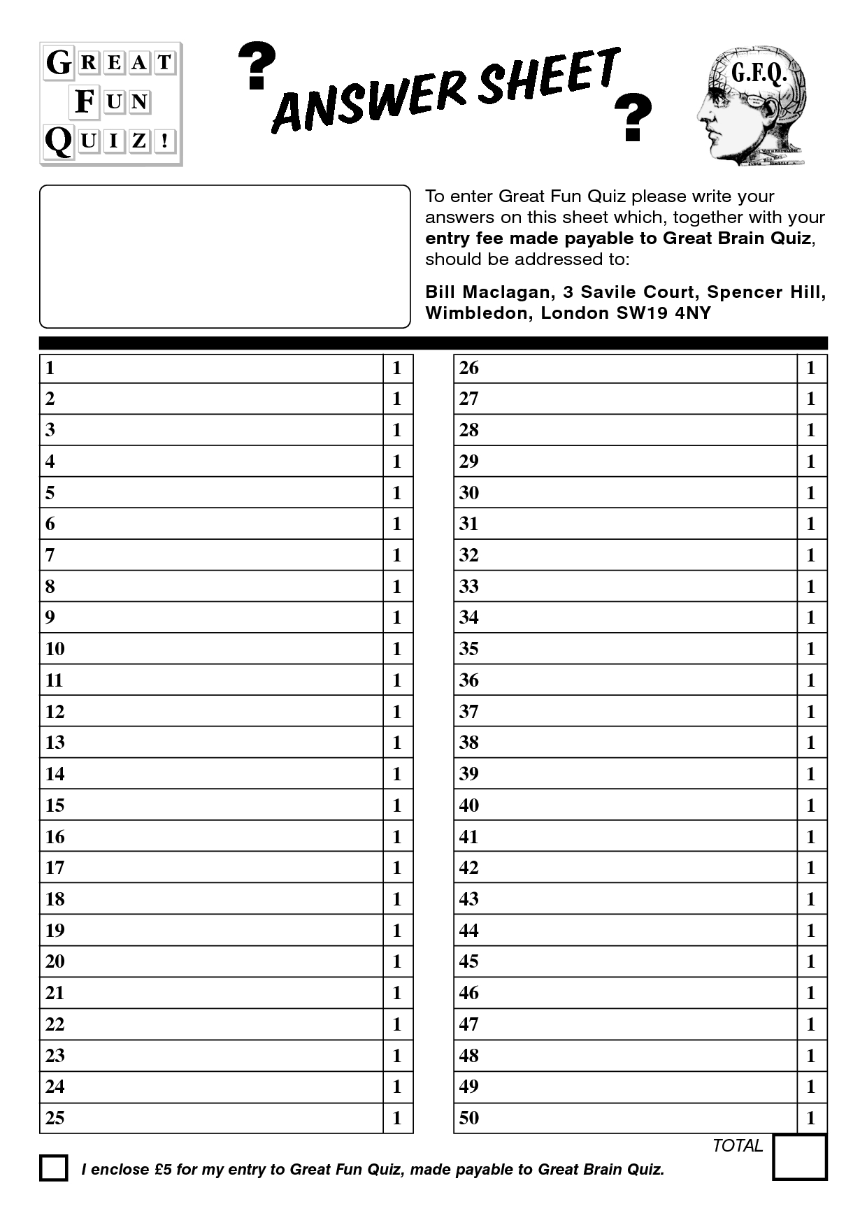 Blank Answer Sheet Template 1 100