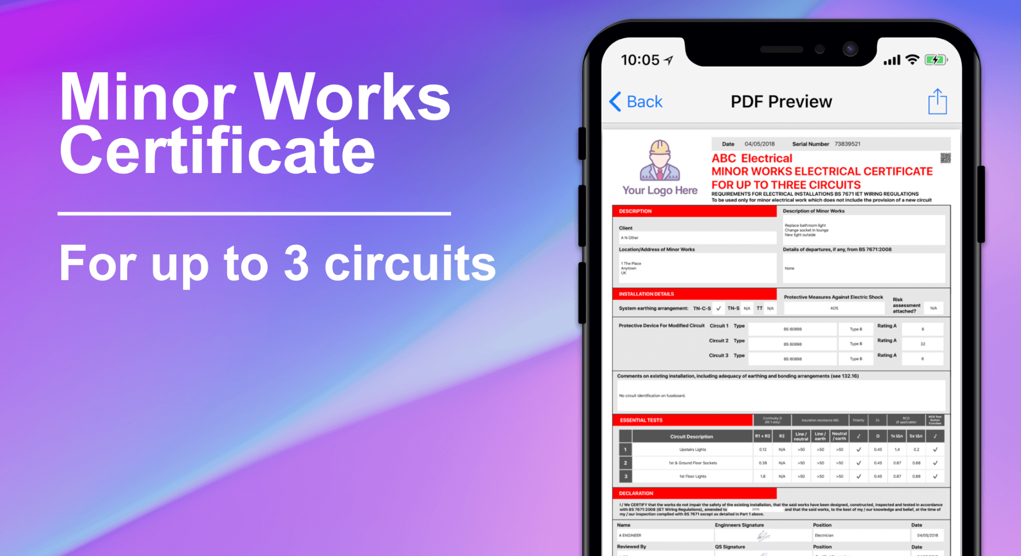 3 Circuit Minor Works Electrical Certificate – Icertifi Inside Electrical Minor Works Certificate Template