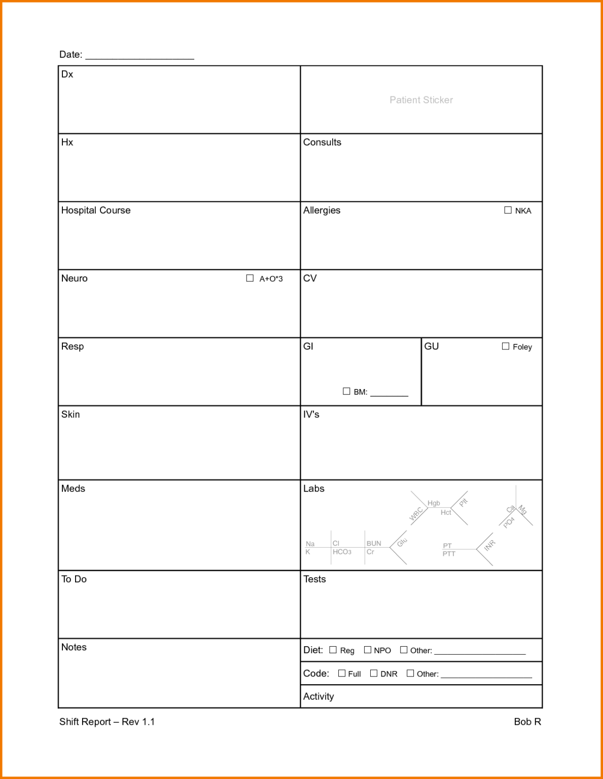 Nursing Report Sheet Template