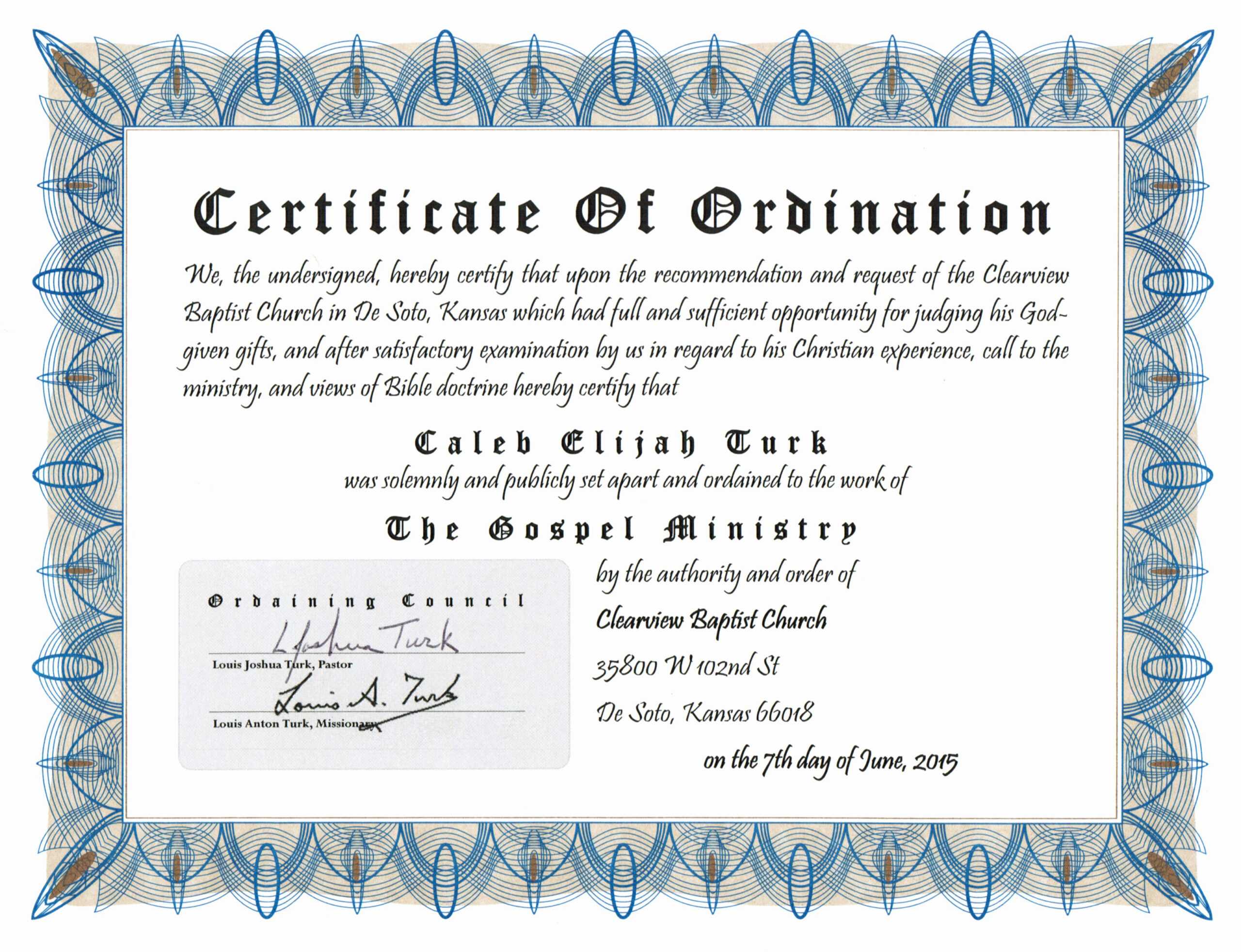 Certificate Of Ordination For Ministers Template