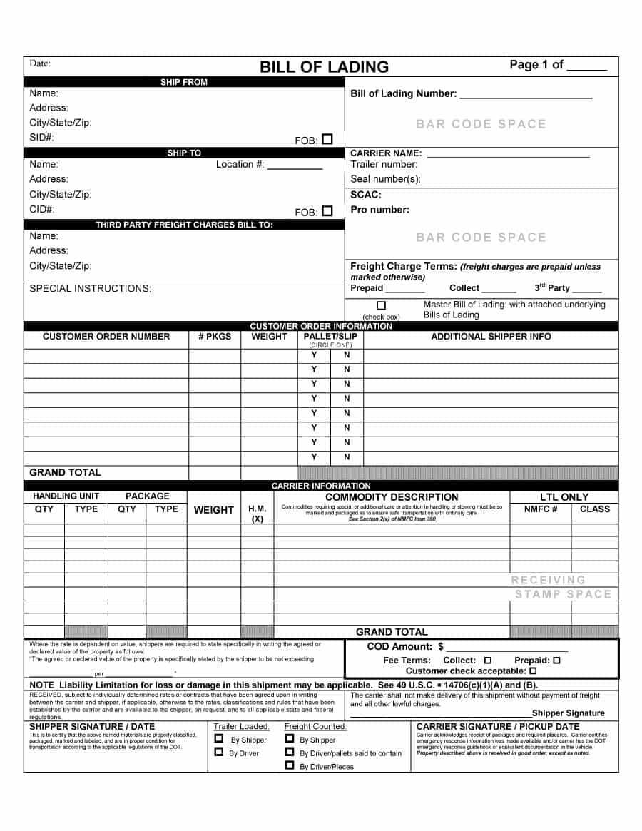 40 Free Bill Of Lading Forms & Templates ᐅ Template Lab With Regard To Blank Bol Template