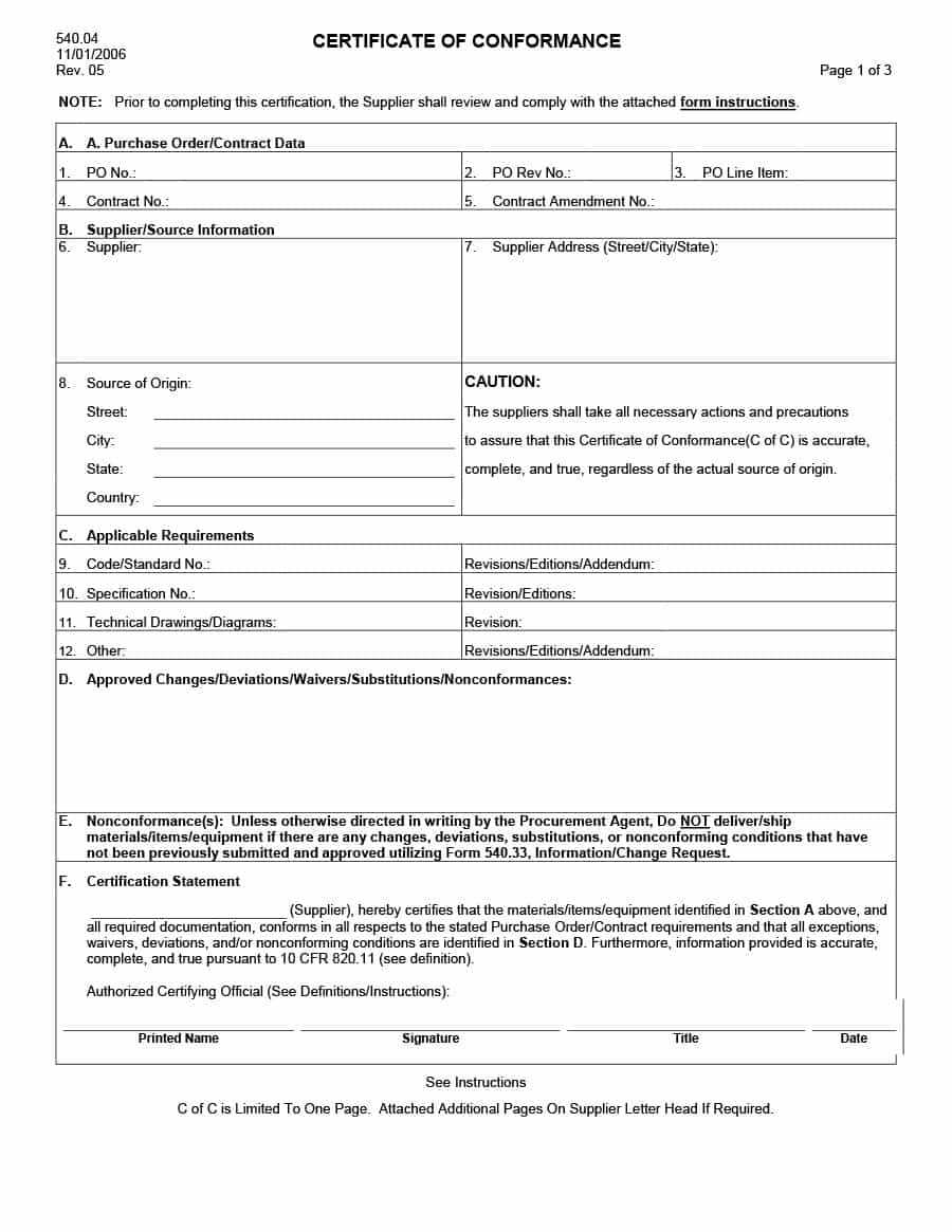 40 Free Certificate Of Conformance Templates Forms 5125 Copy Pertaining To Certificate Of Conformance Template Free