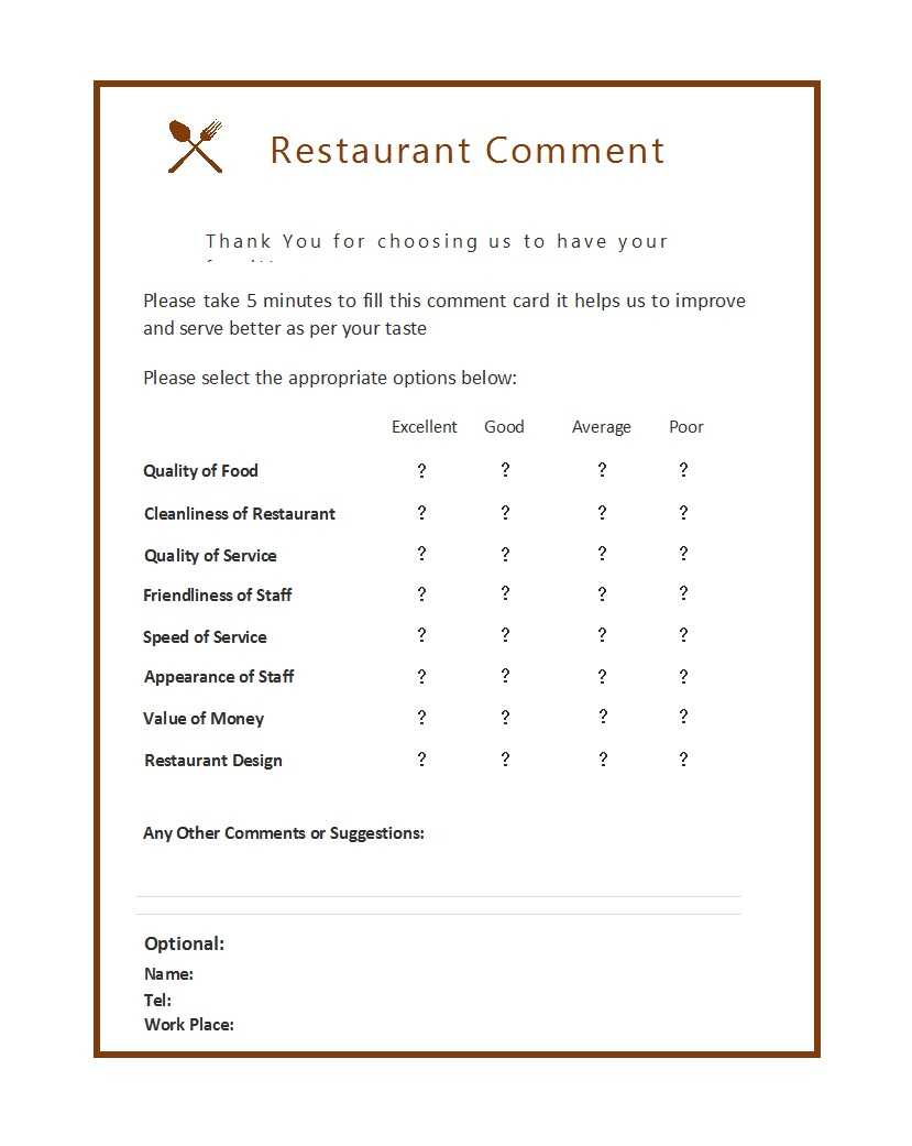 50 Printable Comment Card & Feedback Form Templates ᐅ For Restaurant Comment Card Template