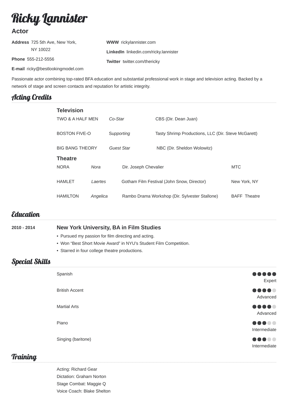 Acting Resume Template [An Actor Resume Example & Tips] With Theatrical Resume Template Word