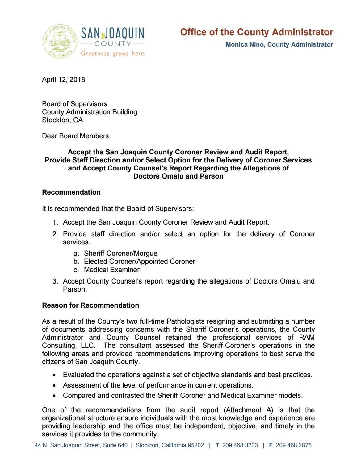 Administrator's Report On San Joaquin County Coroner's Intended For Coroner's Report Template