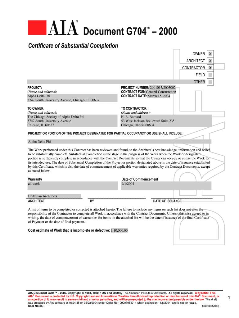 Aia G704 – Fill Online, Printable, Fillable, Blank | Pdffiller With Certificate Of Substantial Completion Template