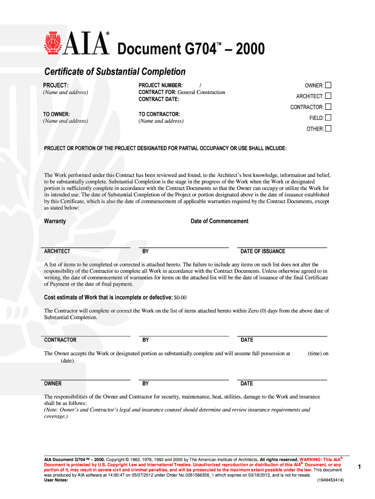 Aia Substantial Completion Certificate – Fill Online Inside Certificate Of Substantial Completion Template