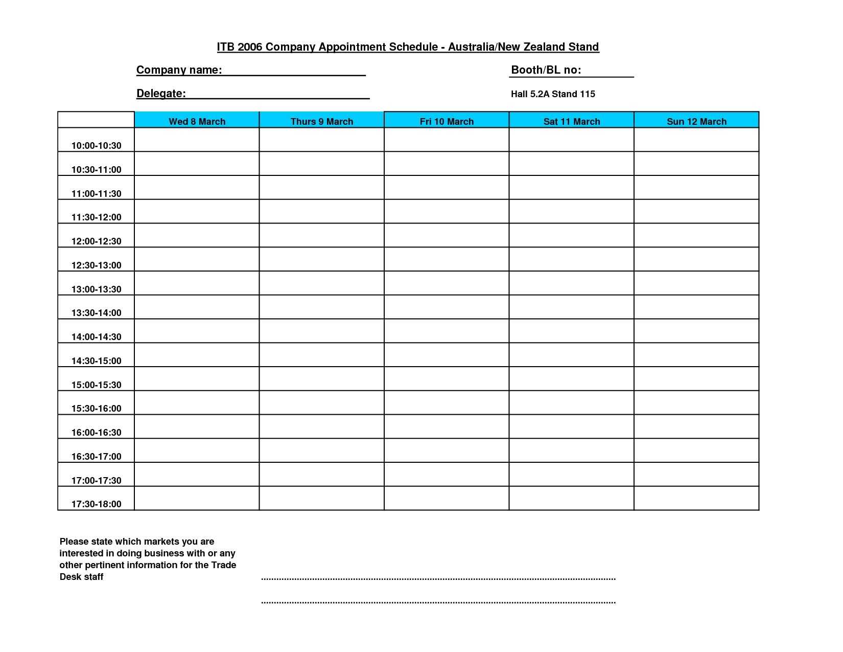 Appointment Planner Printable Weekly Calendar With 15 Minute Intended For Appointment Sheet Template Word