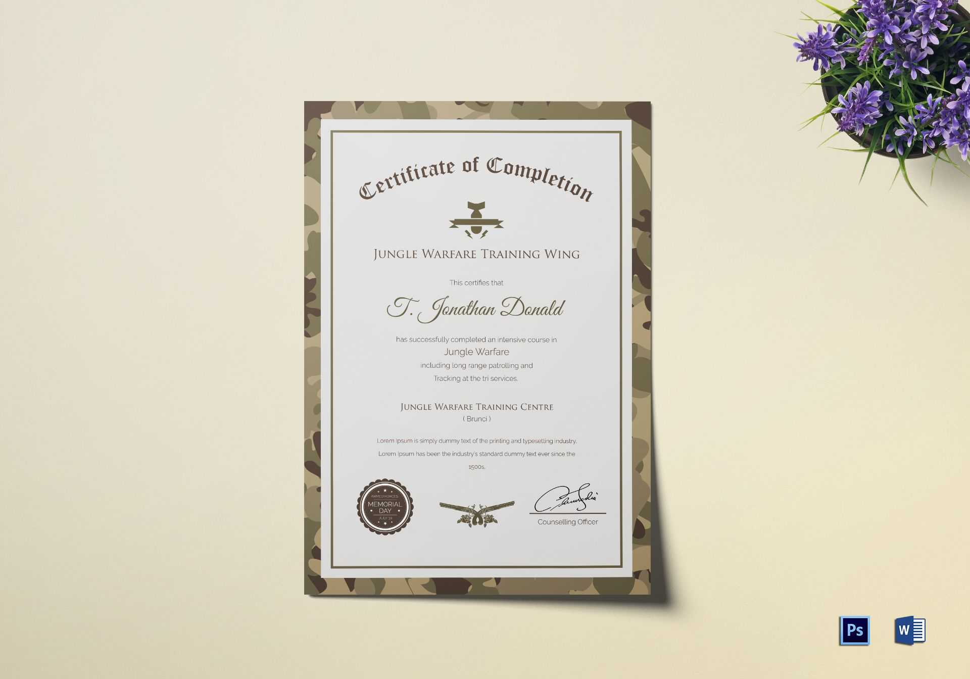 Army Camo Training Completion Certificate Template For Army Certificate Of Completion Template