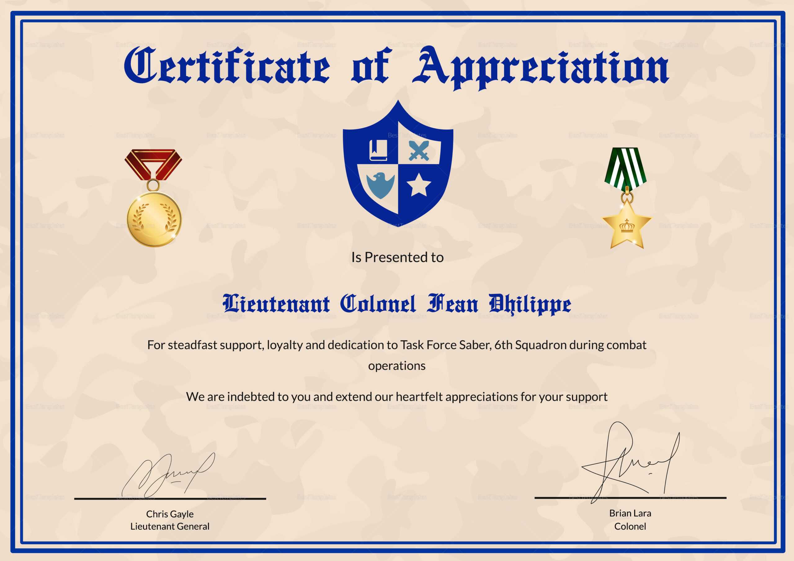Army Certificate Of Appreciation Template Throughout Army Certificate Of Achievement Template
