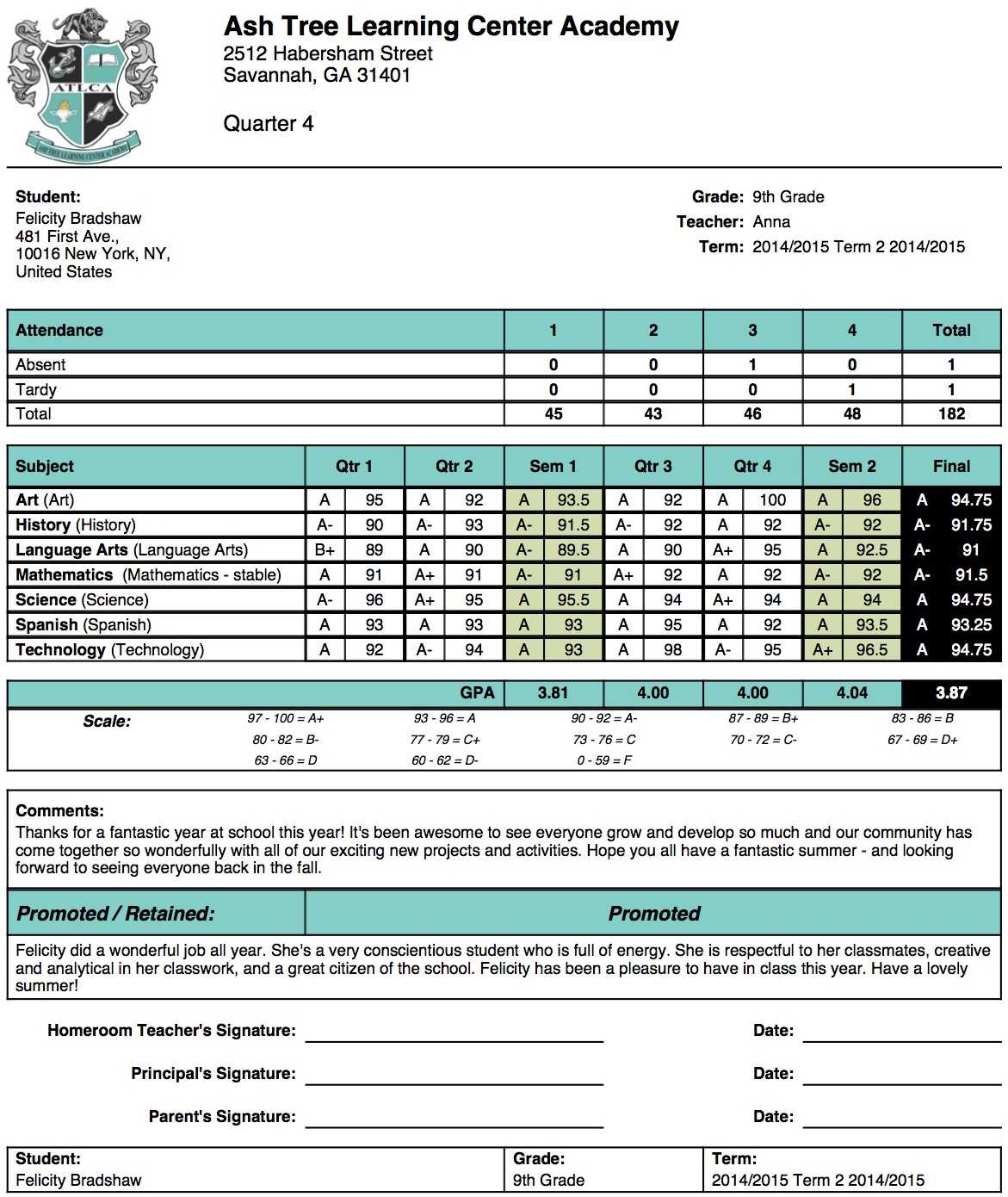 Ash Tree Learning Center Academy Report Card Template In High School Student Report Card Template