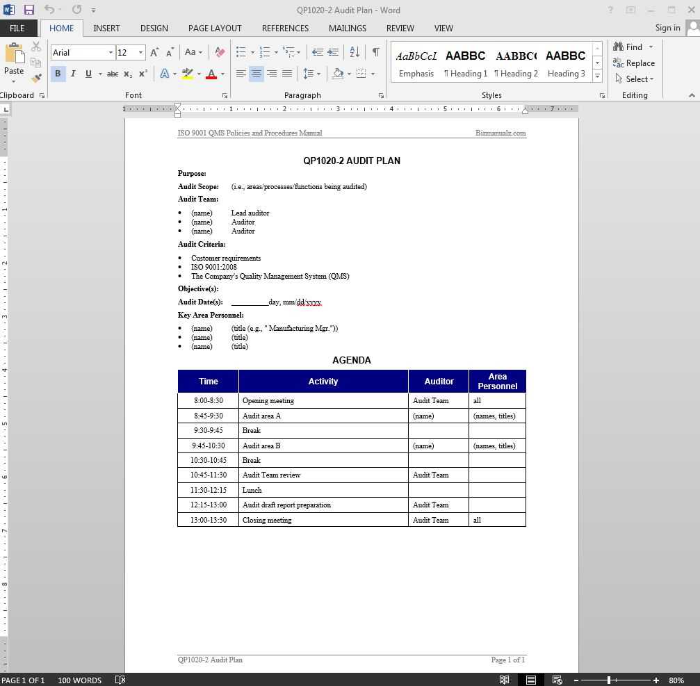 Audit Plan Iso Template | Qp1020 2 Intended For Iso 9001 Internal Audit Report Template