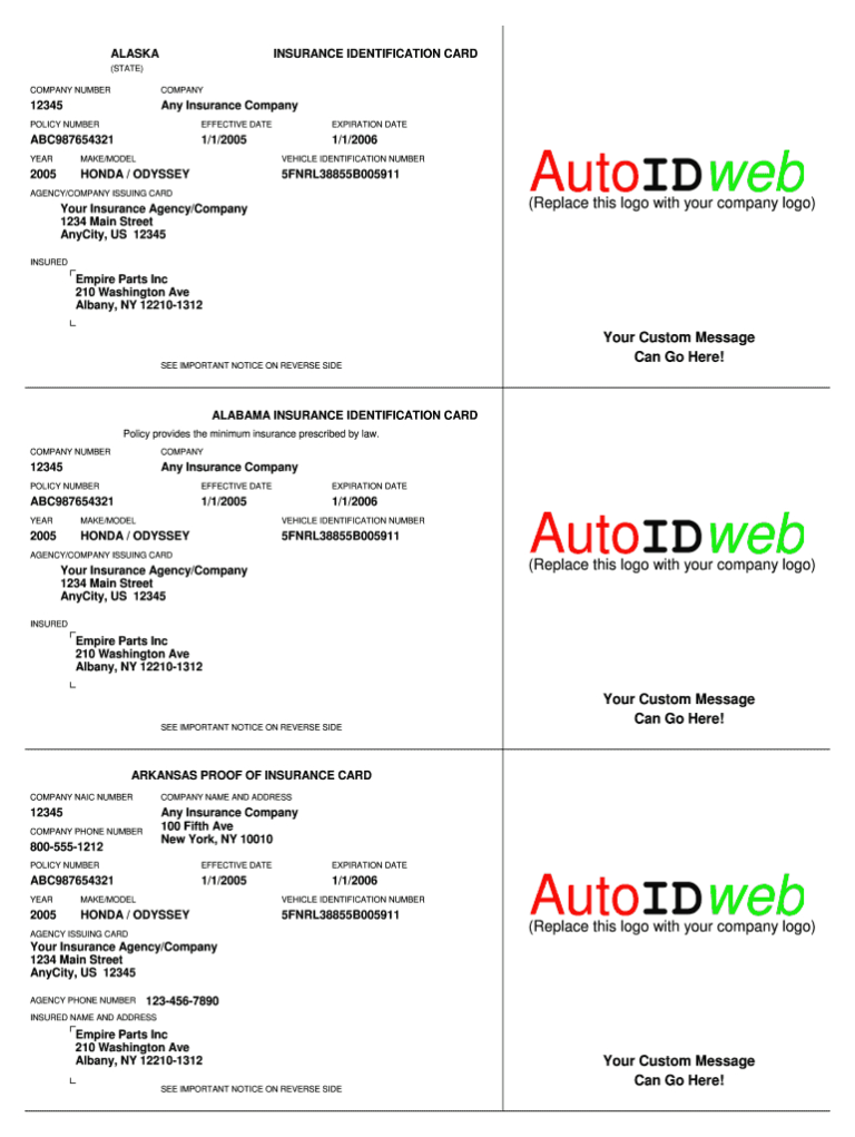 Auto Insurance Card Template Fill Online Printable With Proof Of
