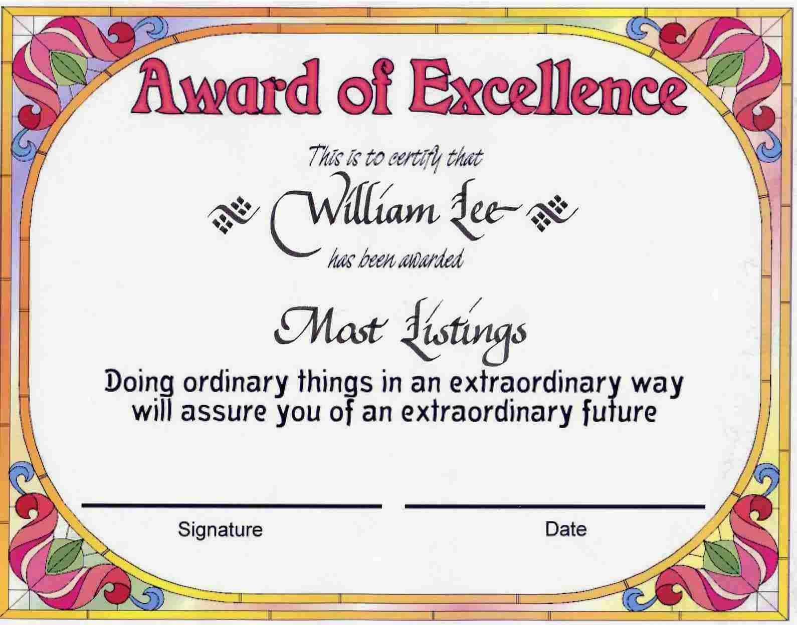 Award Certificates | Award Of Excellence Certificate Award Inside Award Of Excellence Certificate Template