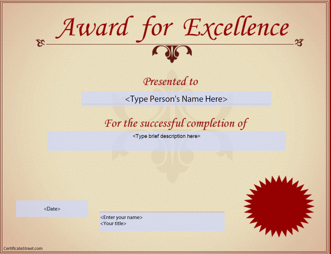 Award For Excellence Certificate | Templates At Throughout Award Of Excellence Certificate Template