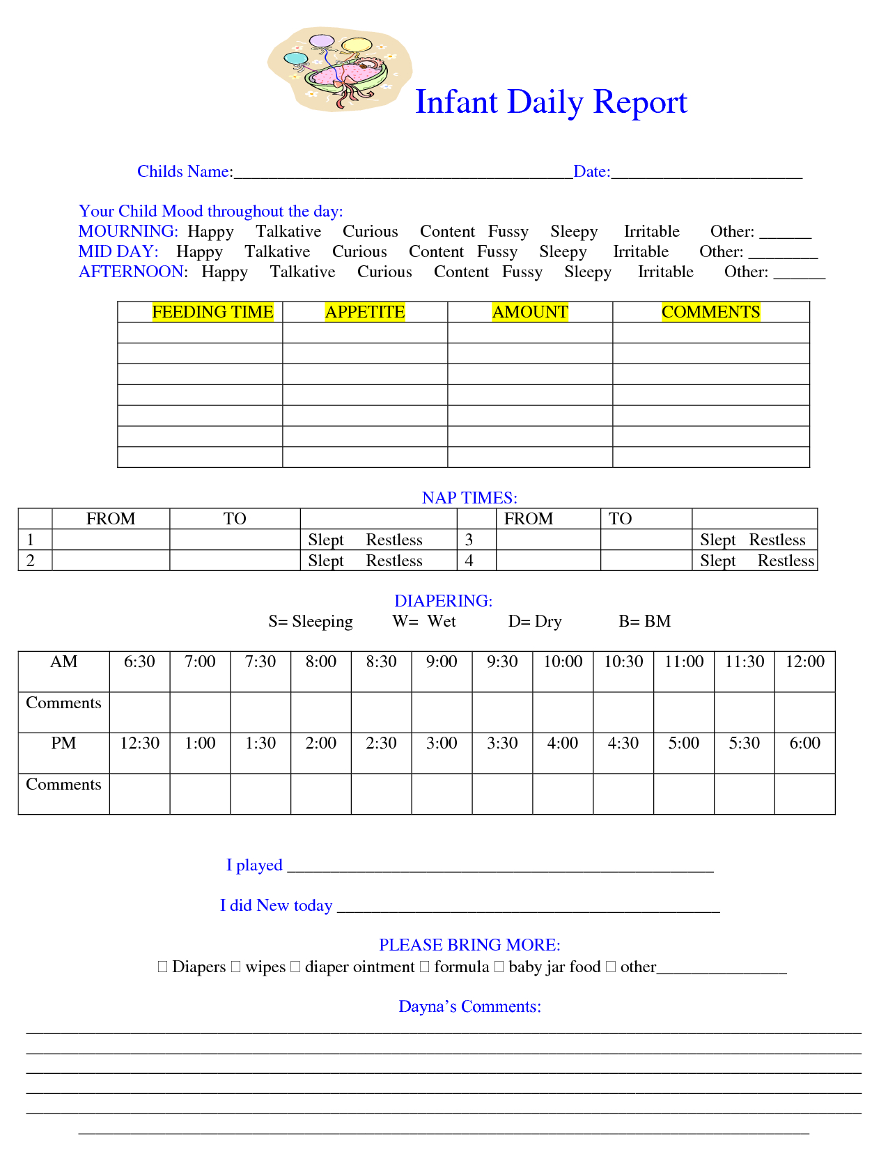 Baby Daily Sheet | Infant Daily Report – Download As Doc For Daycare Infant Daily Report Template