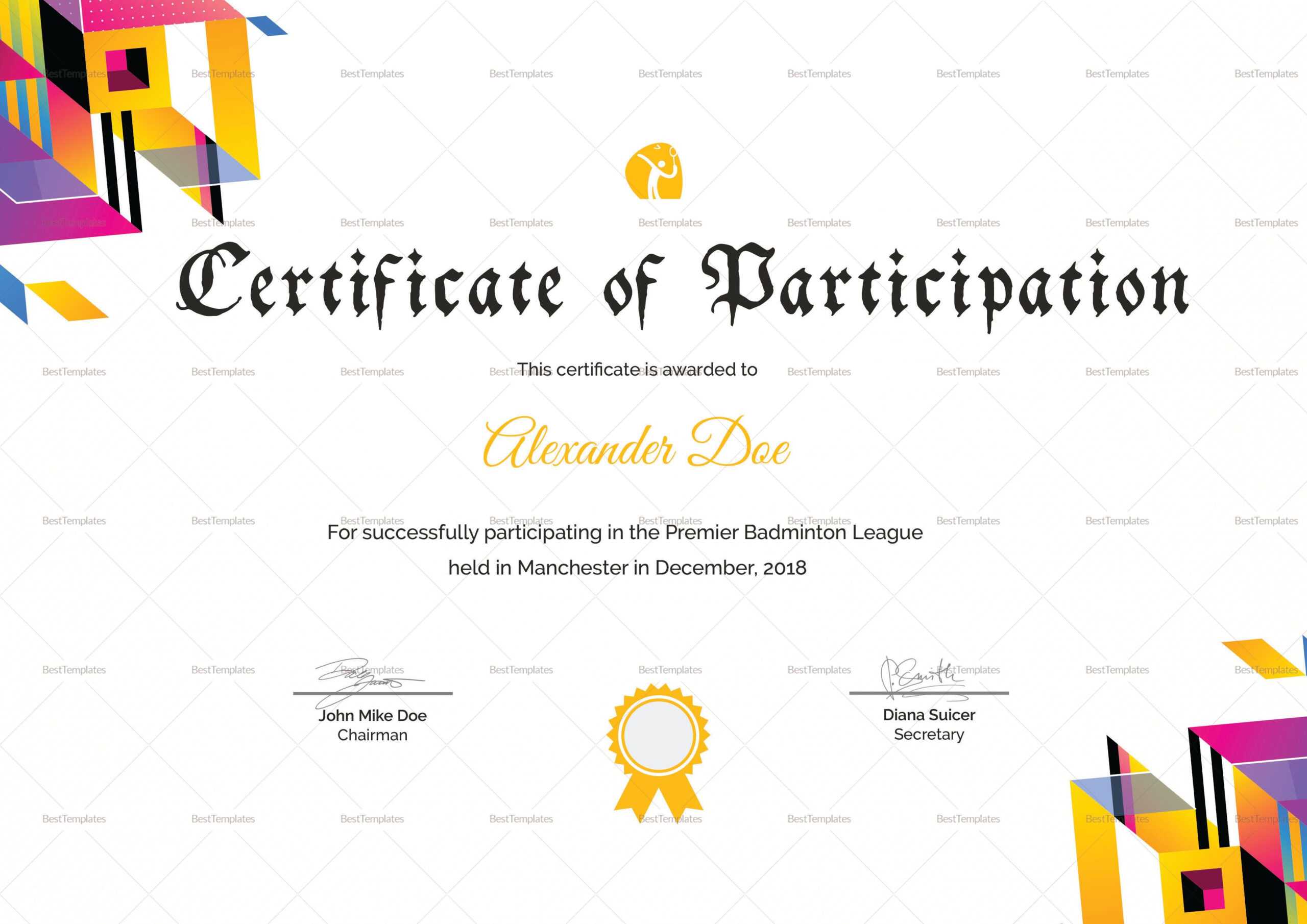 Badminton Participation Certificate Template | Certificate For Basketball Camp Certificate Template