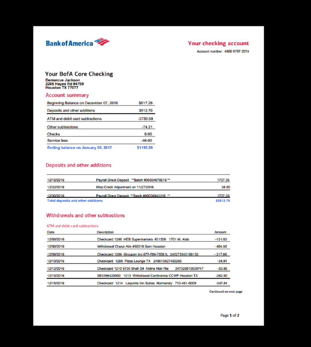 Bank, Statement, Bank America, Template, Income, Earnings For Blank Bank Statement Template Download