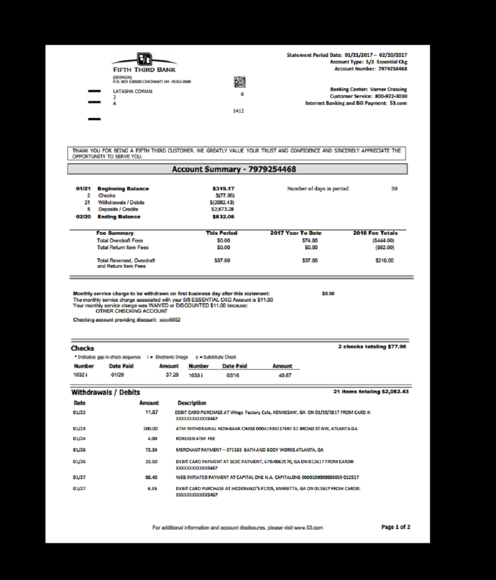 Bank, Statement, Fifth Third, Template, Proof Of Income With Regard To Credit Card Statement Template