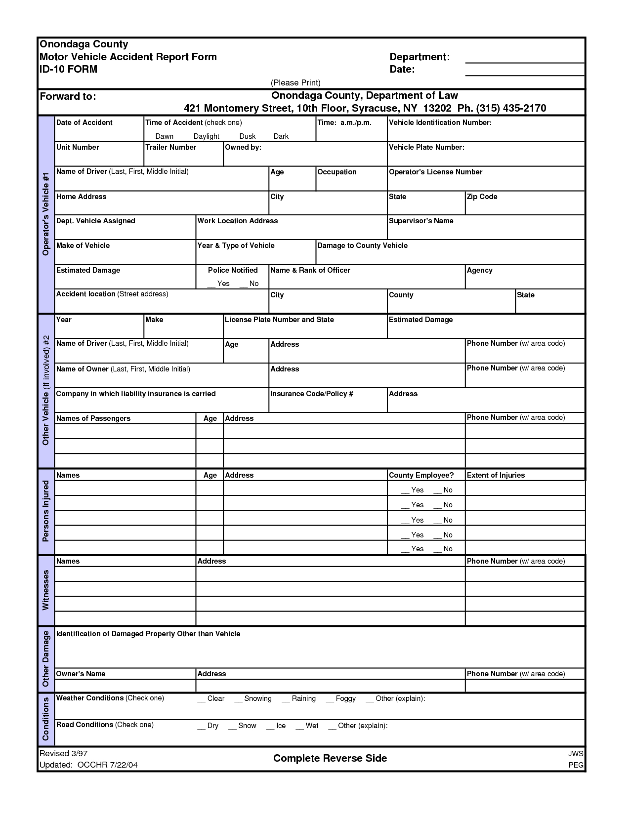 Best Photos Of Printable Accident Report Forms – Printable In Vehicle Accident Report Form Template
