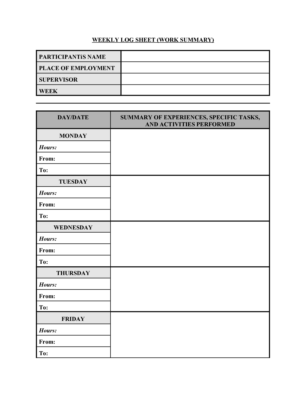Best Photos Of Work Summary Template - Weekly Work Log Sheet With Work Summary Report Template