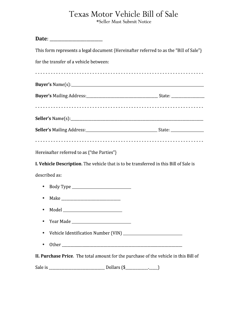 Bill Of Sale Texas – Fill Online, Printable, Fillable, Blank With Regard To Car Bill Of Sale Word Template