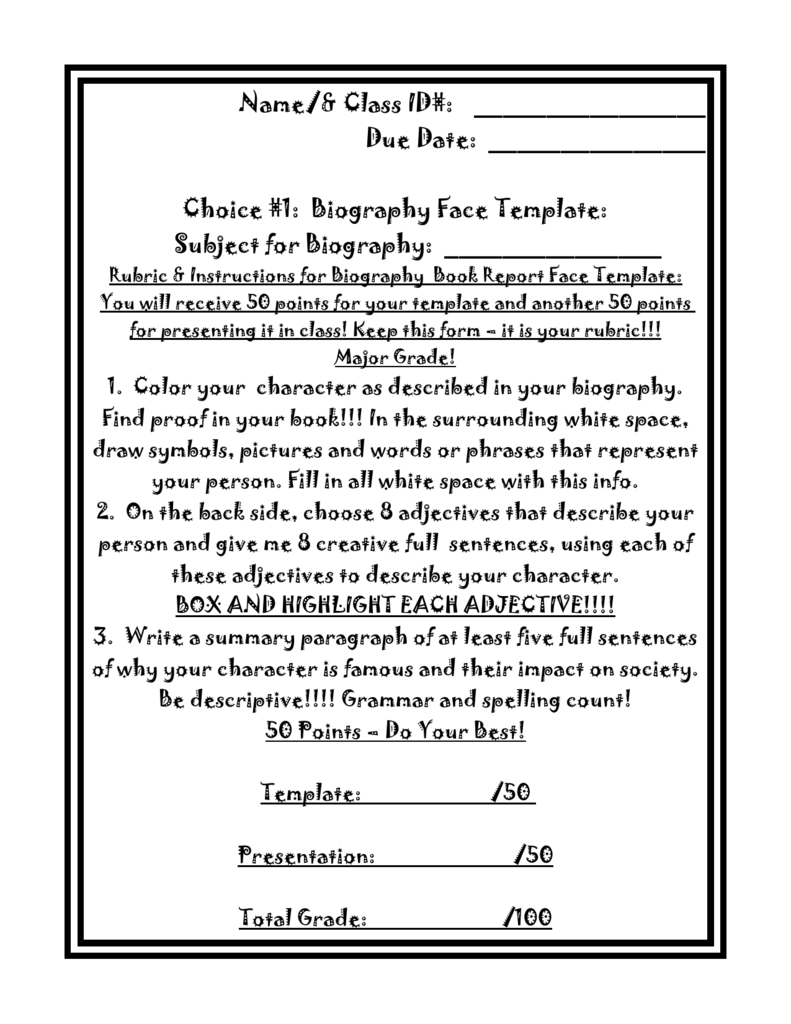 Biography Book Report Face Template Instructions.doc With Biography Book Report Template
