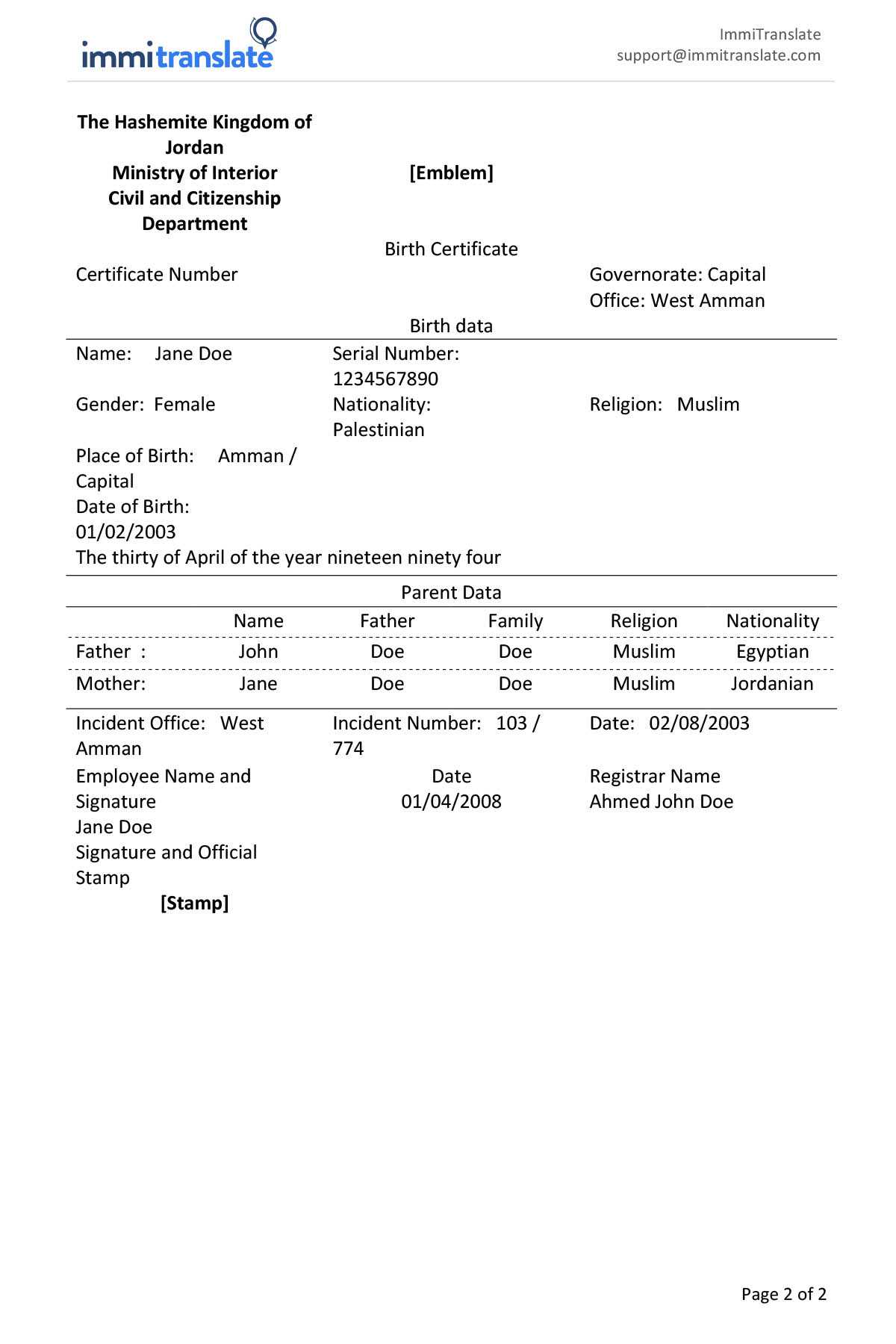 Birth Certificate Translation | Immitranslate For Birth Certificate Translation Template Uscis