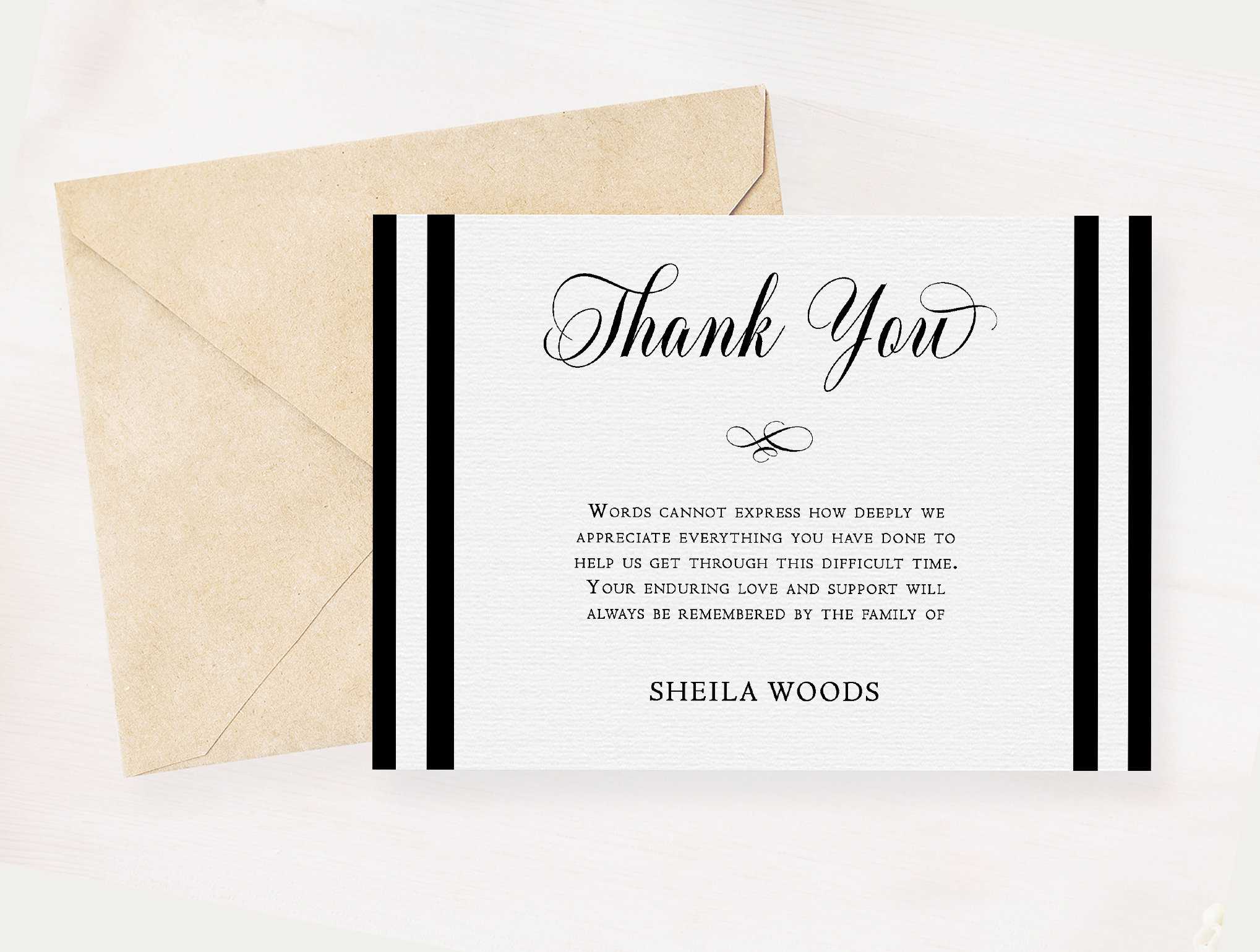 Black & White Sympathy Thank You Card Memorial Service Editable Template  Obituary Service Microsoft Word Template Acknowledgement Card Intended For Sympathy Thank You Card Template