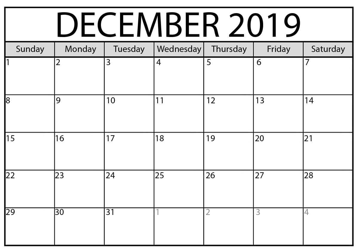 Blank Calendar December 2019 : For Exam Time Status | Free Inside Blank Calendar Template For Kids