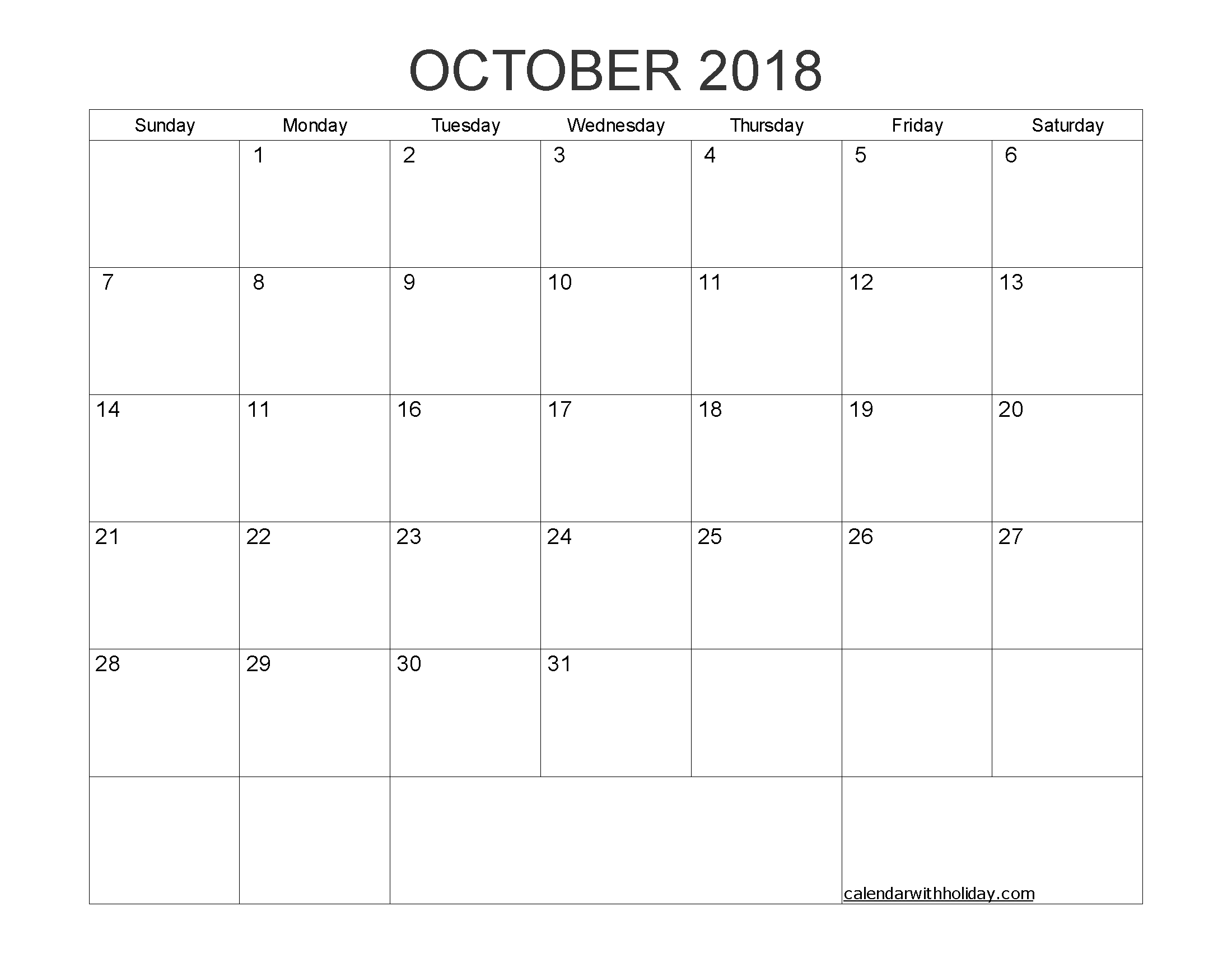 Blank Calendar October 2018 Printable 1 Month Calendar With Blank One Month Calendar Template