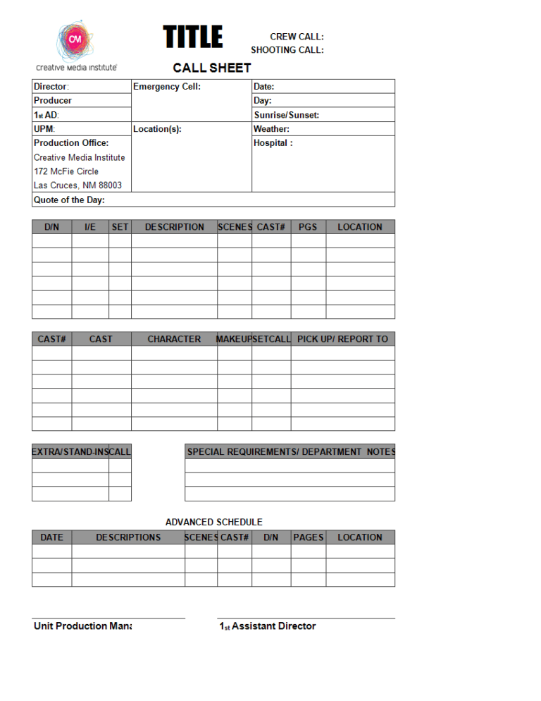 Blank Call Sheet Template