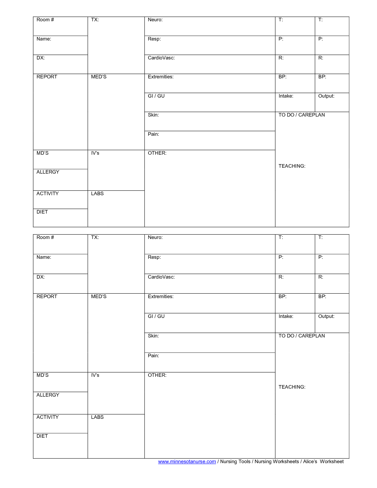 Blank Nurse Report Sheet Cna Assignment Sheet All Sheets Database