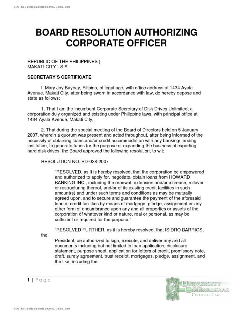 Board Resolution Authorizing Corporate Officer – Docshare.tips Pertaining To Corporate Secretary Certificate Template