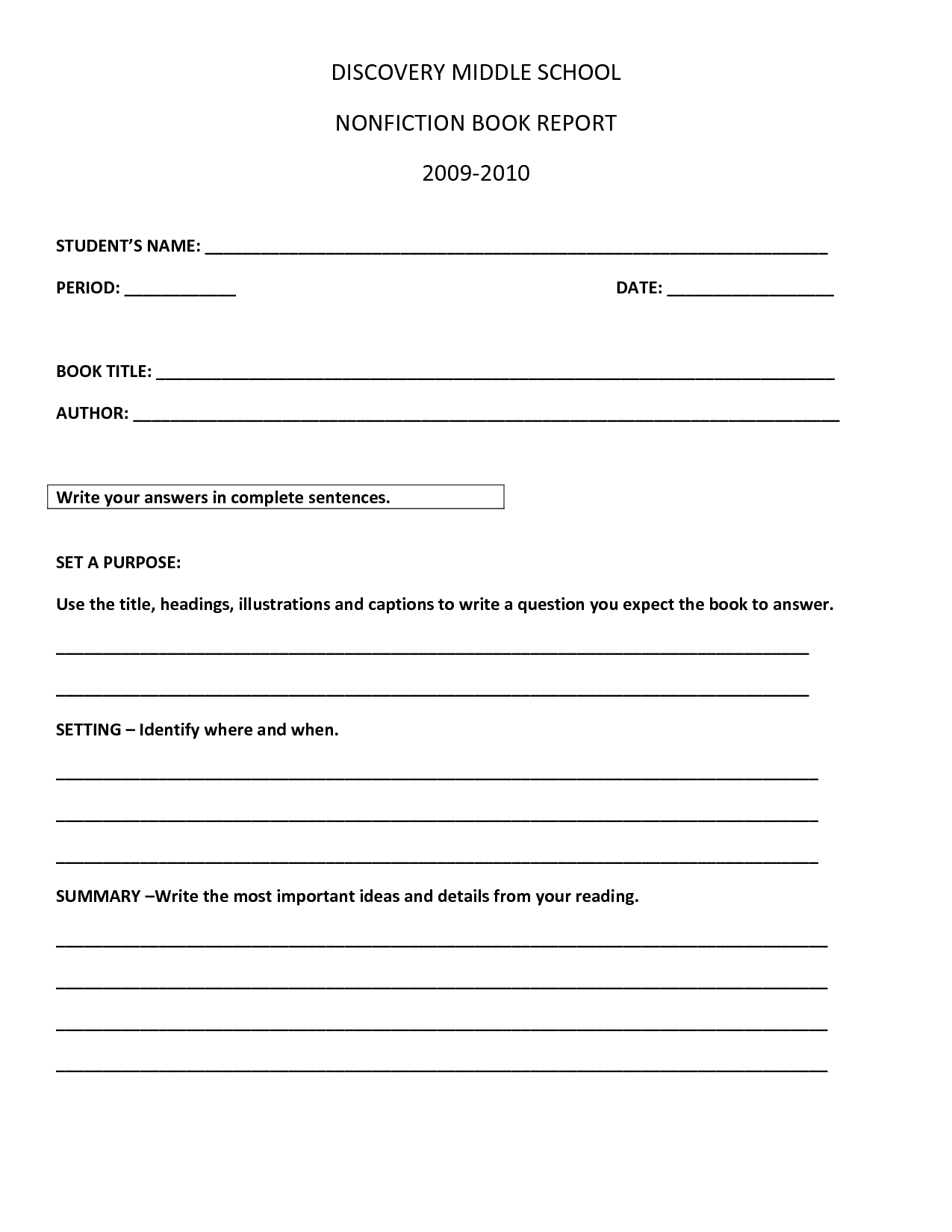 Book Report Template | Discovery Middle School Nonfiction Intended For Book Report Template Middle School