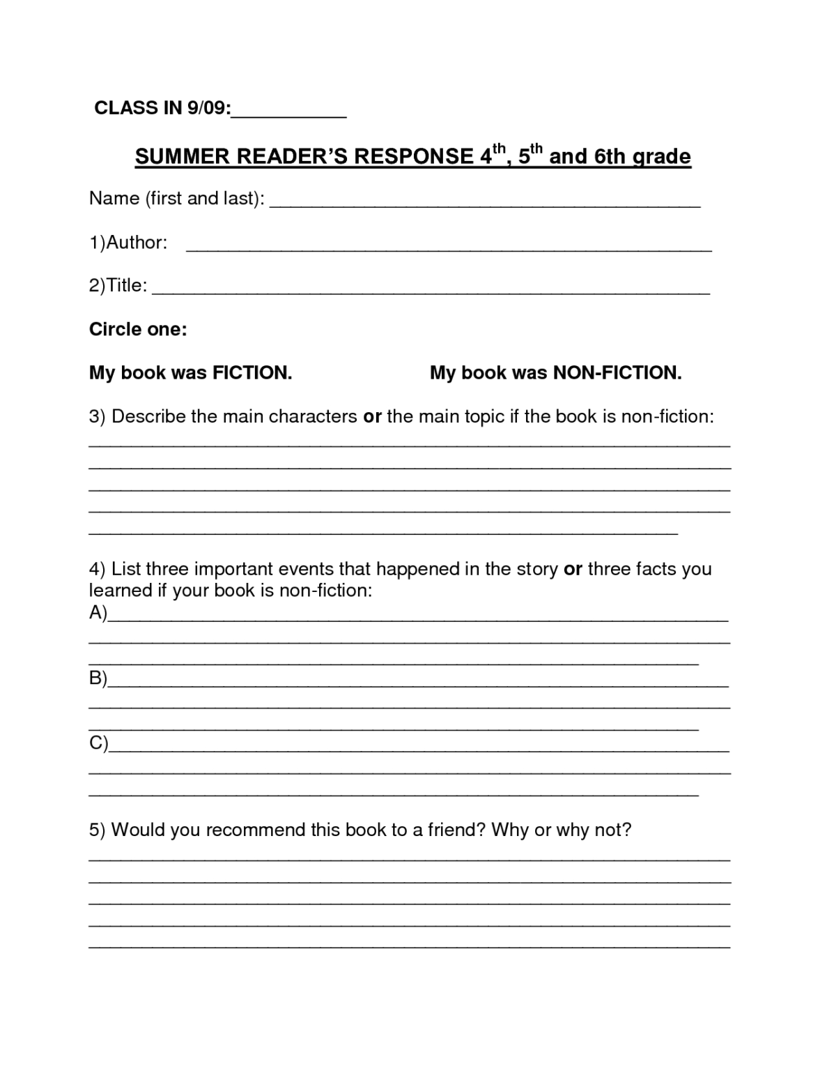 4Th Grade Book Report Template